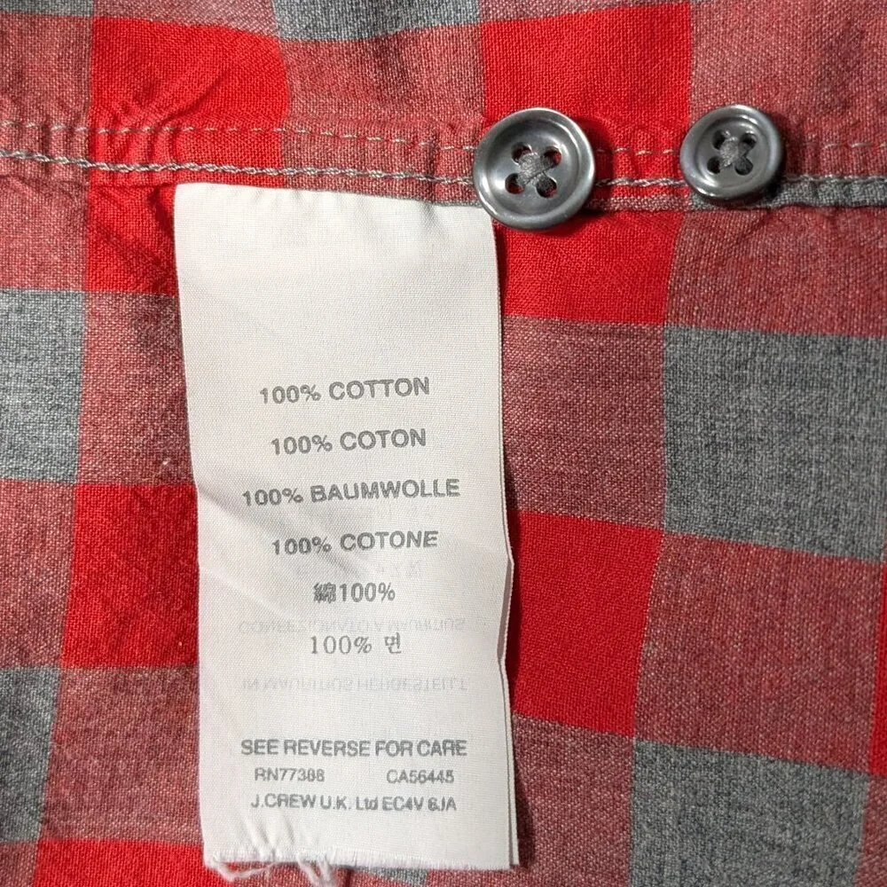 J. CREW Red/Gray Plaid Long Sleeve, Collared, Button Cotton Shirt; Size S